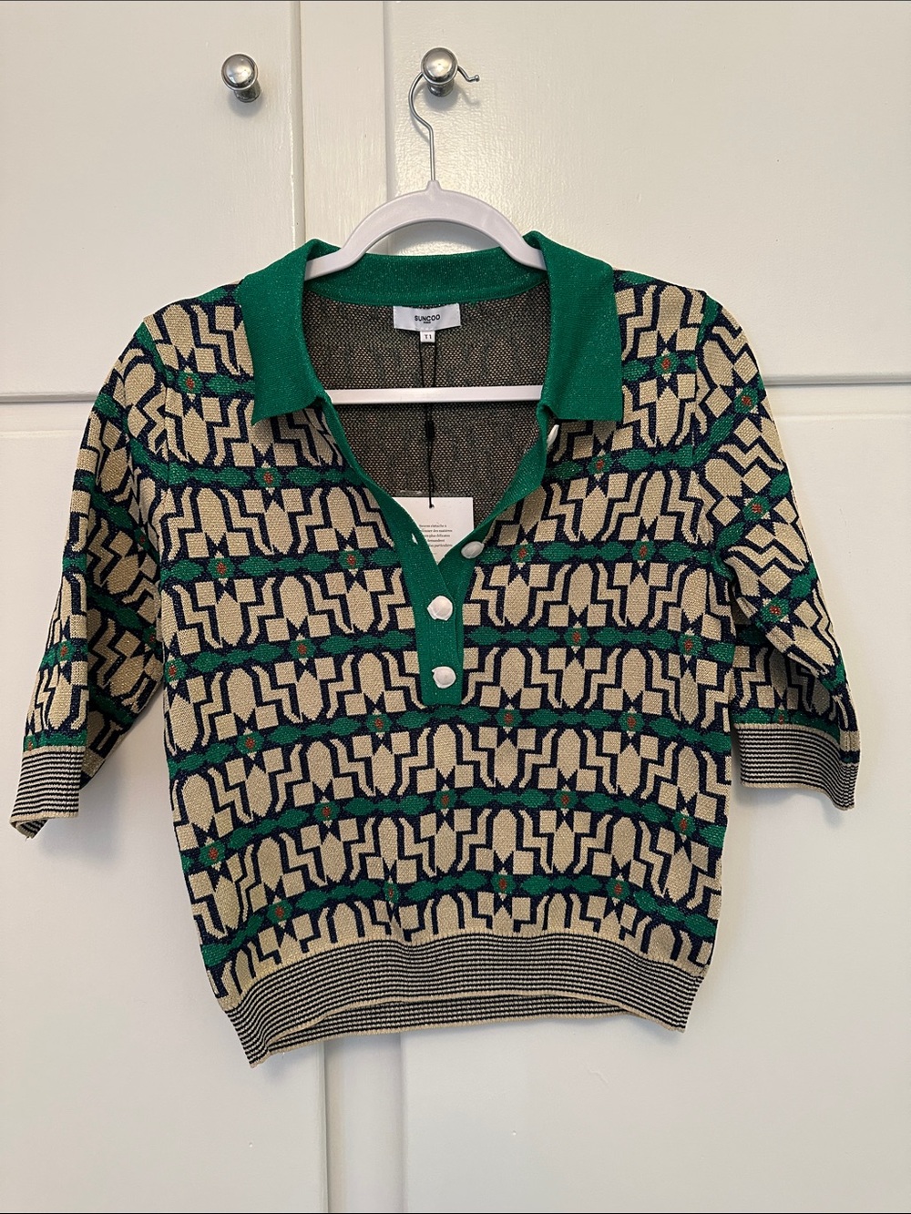 NWT Suncoo Green and Beige Shimmer Sweater Short Sleeve Collared